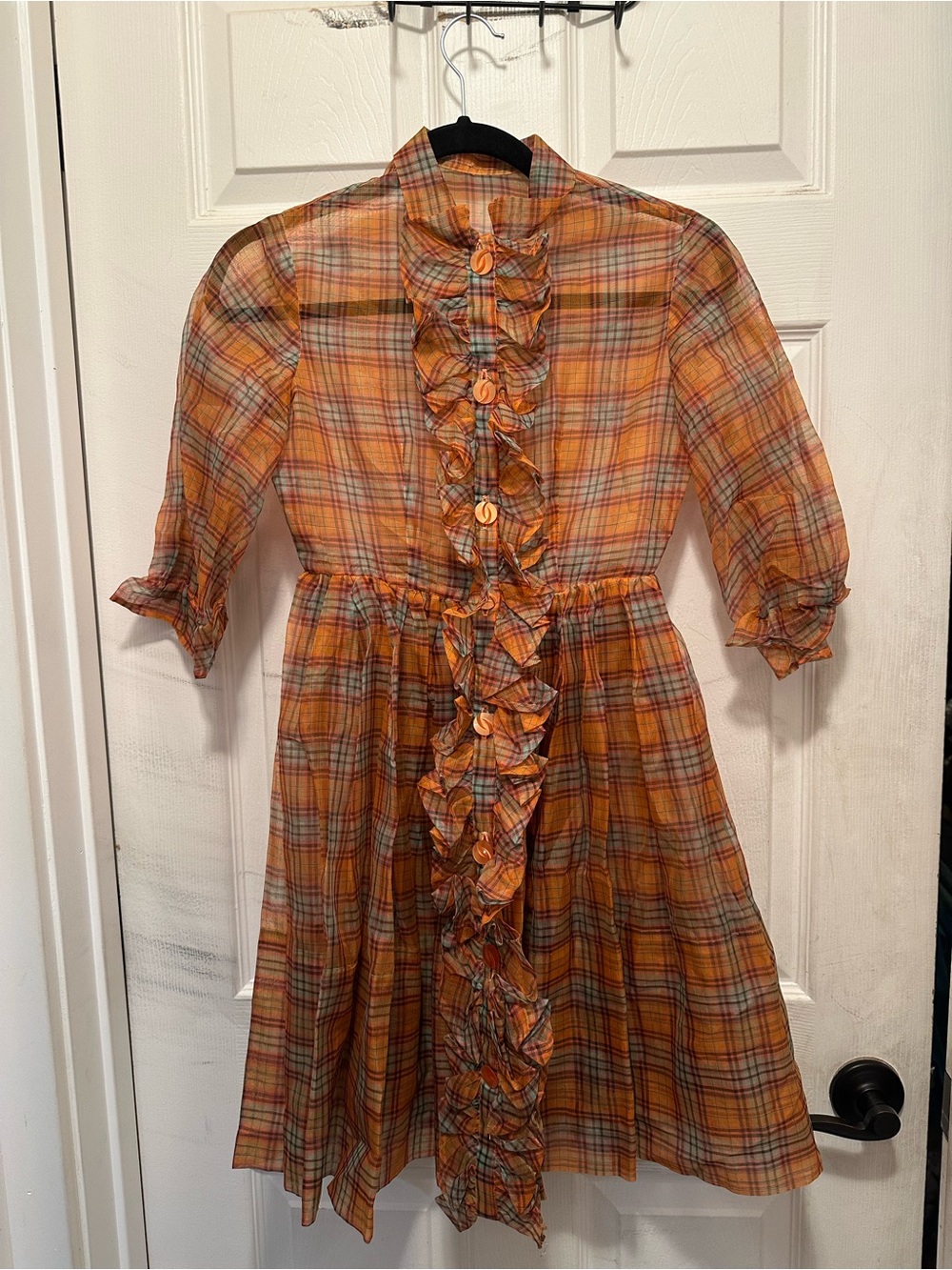 Vintage Sheer Orange Plaid Button Front Ruffle-Trim Mini Dress 50’s